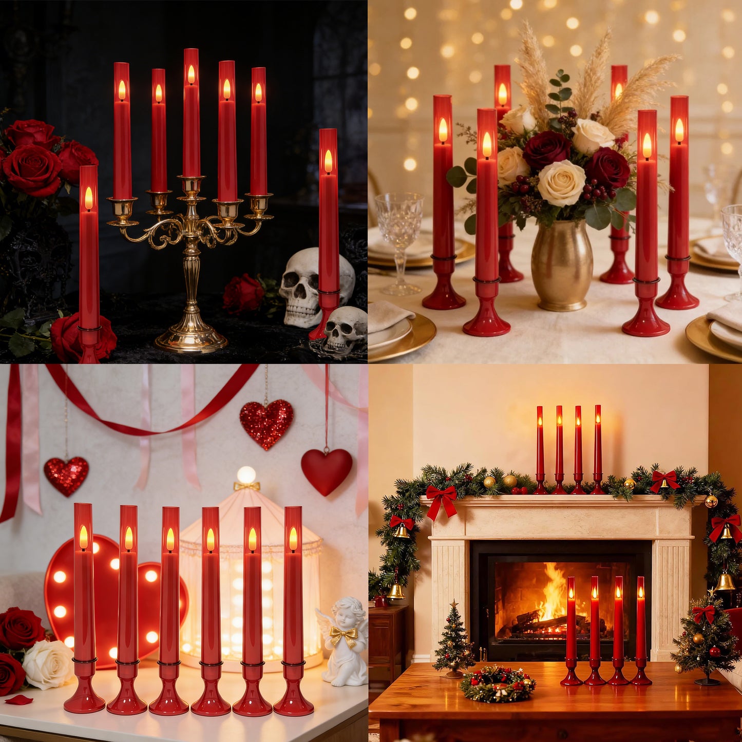 6Pack Flameless Taper Candles with Remote Timer, LED Fake Electric Candlesticks,Battery Operated Dripless 3D Flickering Flame Window Candles,9.57Inch,Red