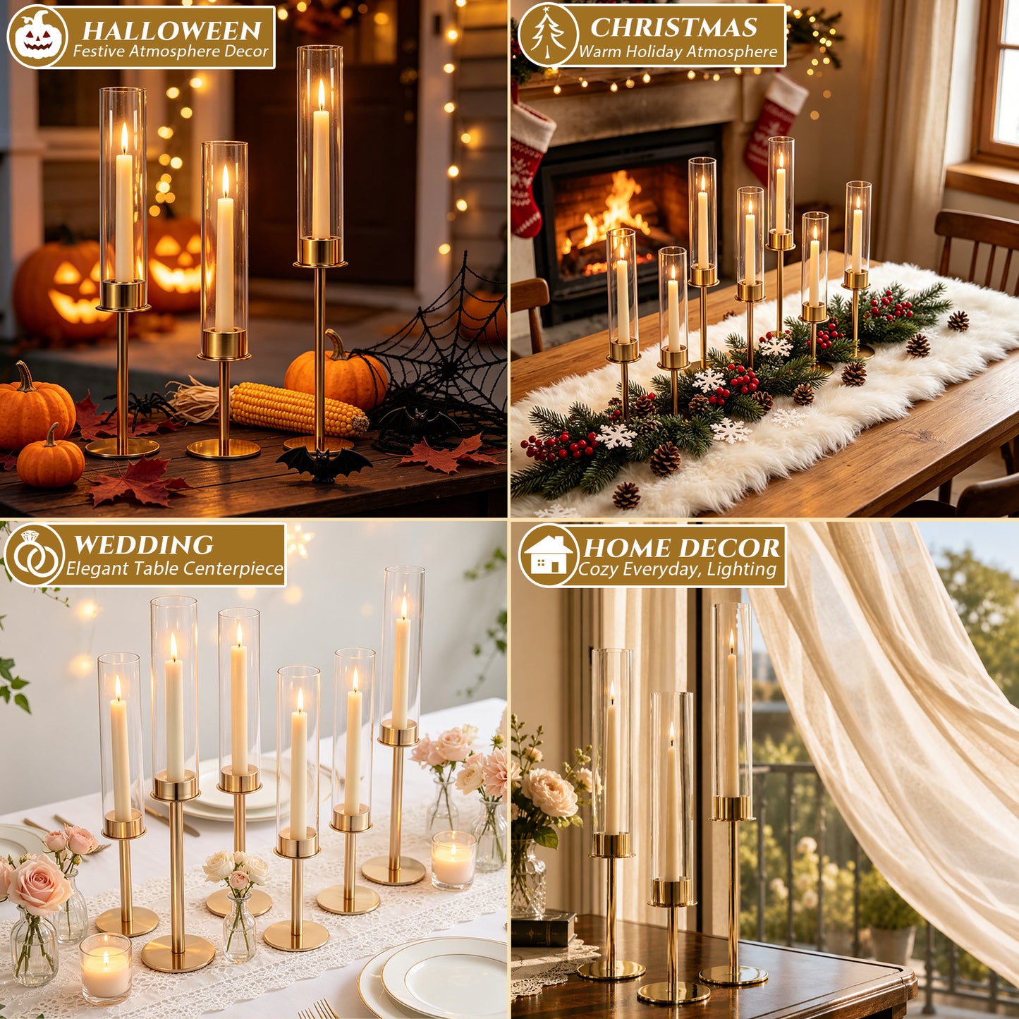 HIDAWN Gold Hurricane Candle Holders Set of 3, Modern Metal Taper Candle Holder with Clear Glass Cylinder, Indoor/Outdoor Elegant Centerpiece Candlestick Holders