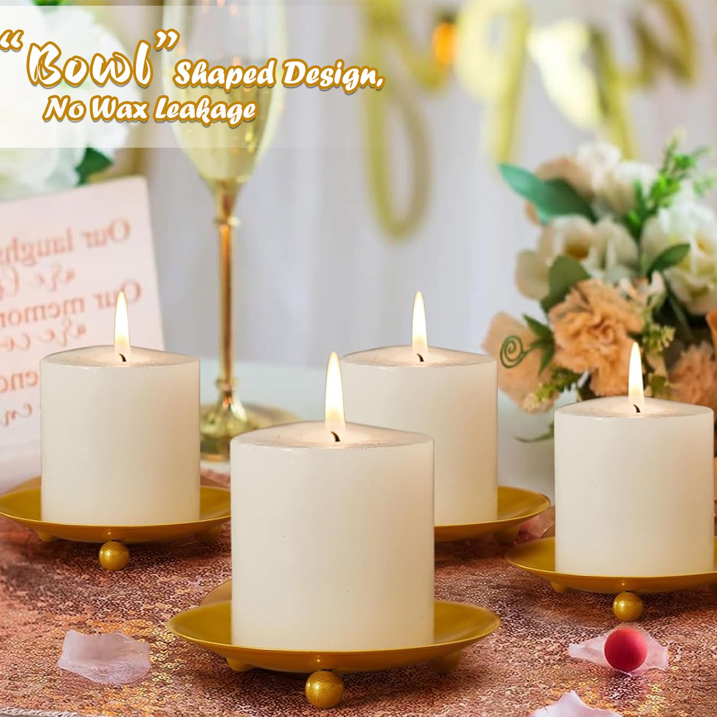 HIDAWN 4PCS Gold Iron Plate Candle Holder, Decorative Metal Pillar Candle Plate, Pedestal Candle Stand,4.33''D x 0.79'' H