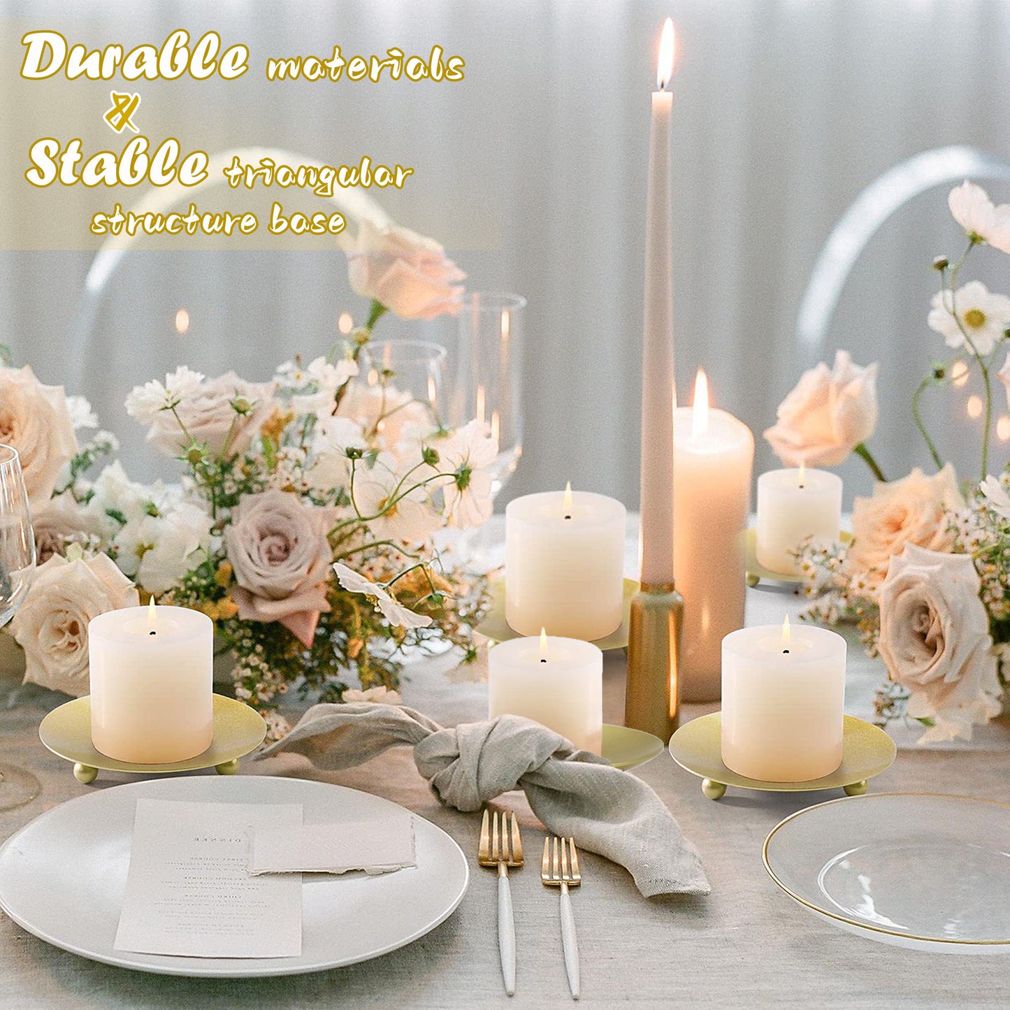 HIDAWN 4PCS Gold Iron Plate Candle Holder, Decorative Metal Pillar Candle Plate, Pedestal Candle Stand,4.33''D x 0.79'' H