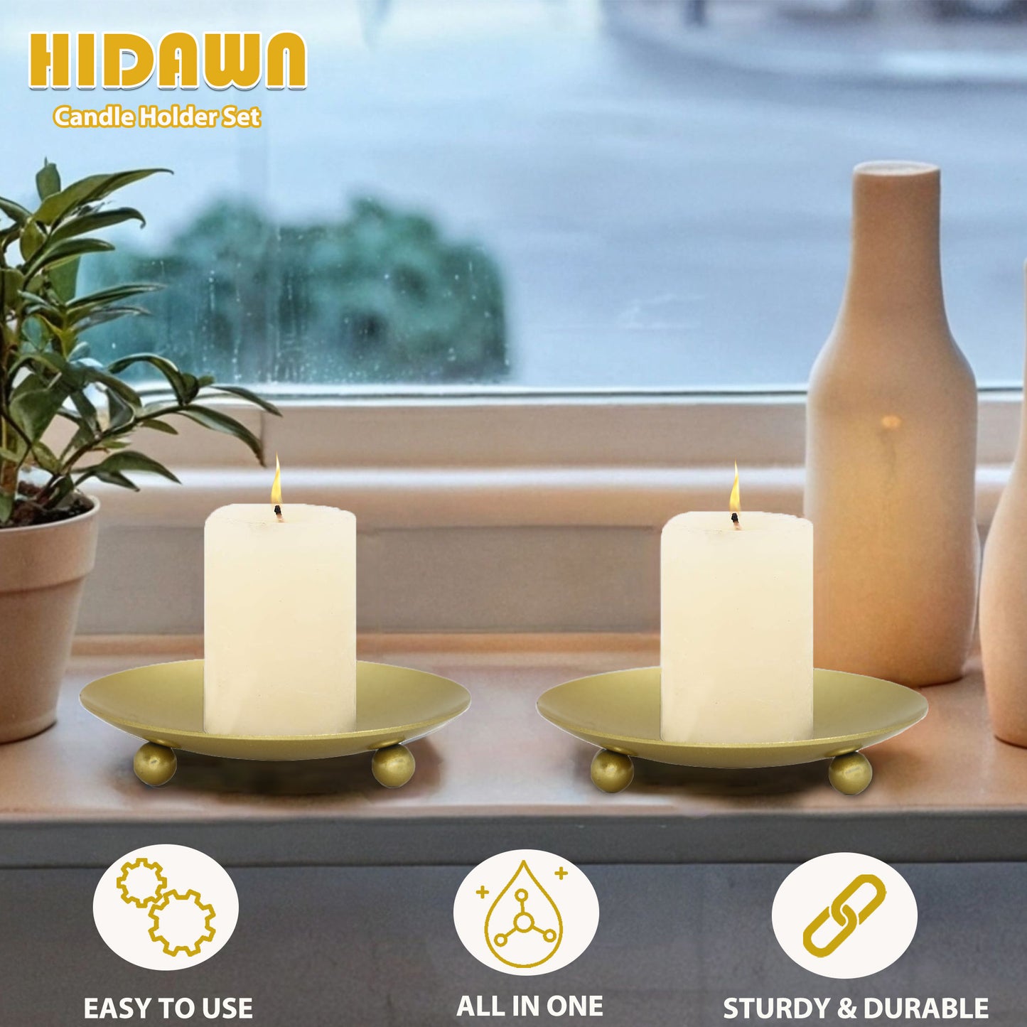HIDAWN 4PCS Gold Iron Plate Candle Holder, Decorative Metal Pillar Candle Plate, Pedestal Candle Stand,4.33''D x 0.79'' H
