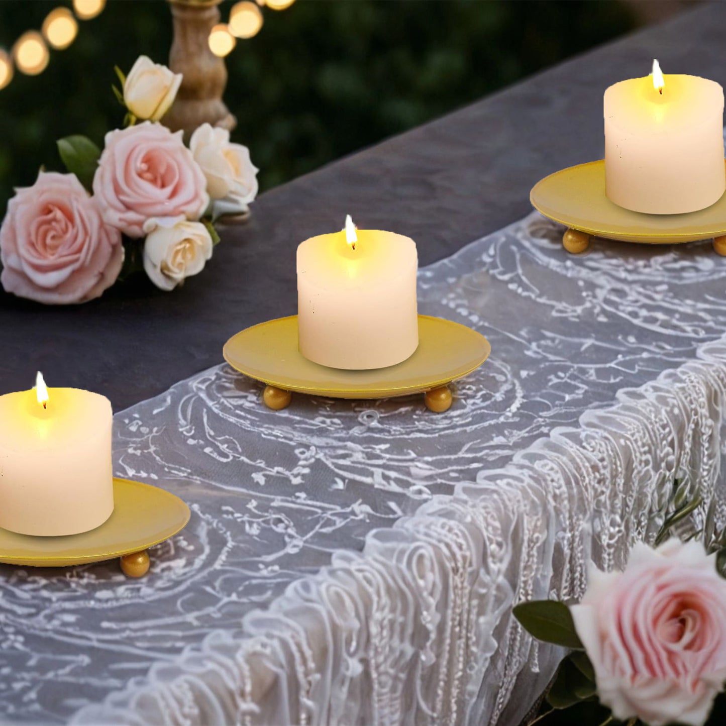 HIDAWN 4PCS Gold Iron Plate Candle Holder, Decorative Metal Pillar Candle Plate, Pedestal Candle Stand,4.33''D x 0.79'' H