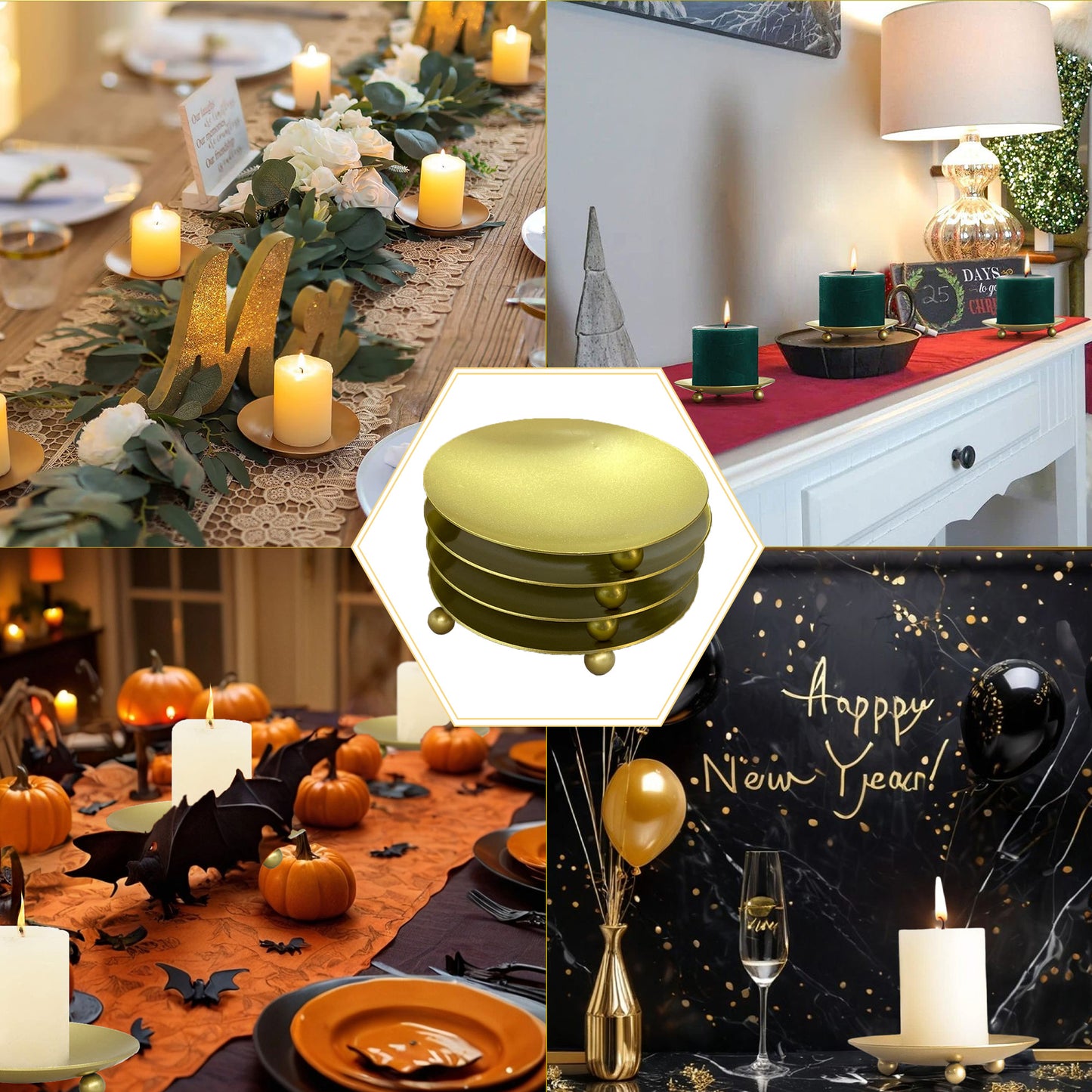 HIDAWN 4PCS Gold Iron Plate Candle Holder, Decorative Metal Pillar Candle Plate, Pedestal Candle Stand,4.33''D x 0.79'' H