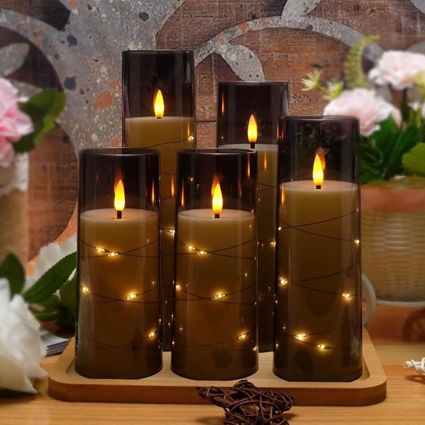 HIDAWN Flameless LED Candles with Timer 5 Pc Battery Operated Flickering Candles with Embedded Star String(Grey)