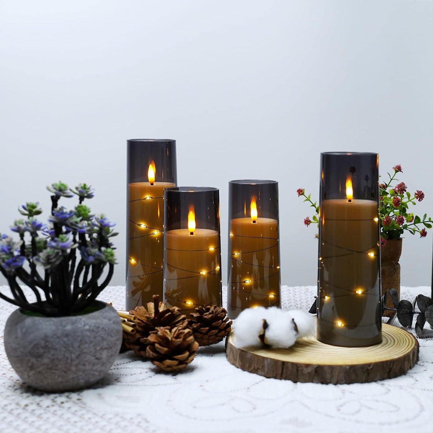 HIDAWN Flameless LED Candles with Timer 5 Pc Battery Operated Flickering Candles with Embedded Star String(Grey)