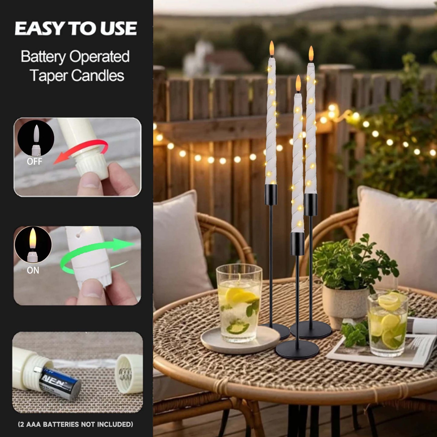HIDAWN 6Pack Twisted Flameless Taper Candles with Fairy String Lights, Battery Operated Remote Timer 3D Flame Wick Flickering LED Electric Candlesticks Fake Window Candles-White