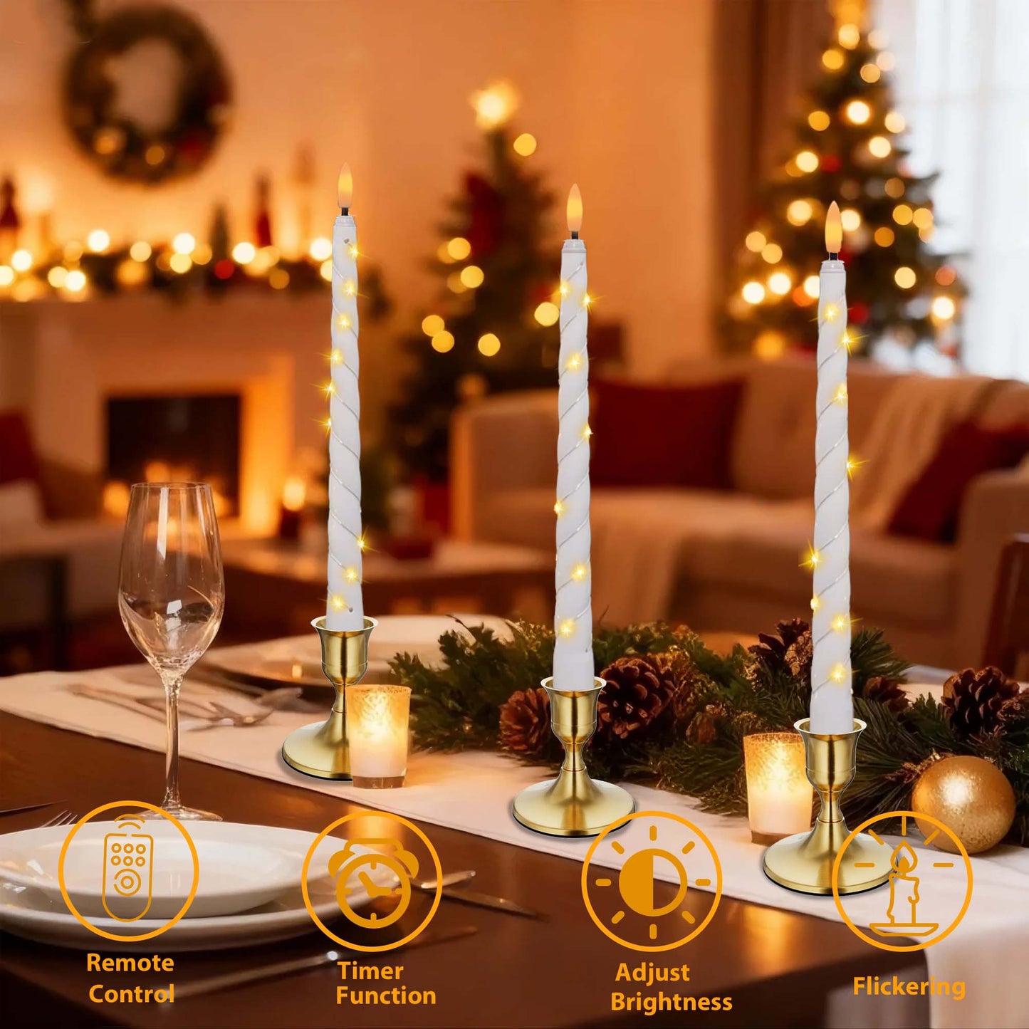 HIDAWN 6Pack Twisted Flameless Taper Candles with Fairy String Lights, Battery Operated Remote Timer 3D Flame Wick Flickering LED Electric Candlesticks Fake Window Candles-White