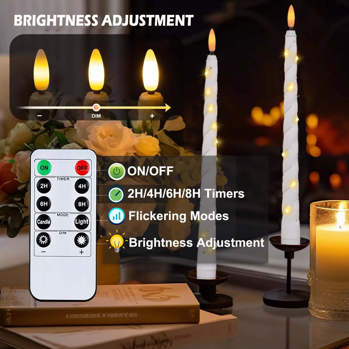 HIDAWN 6Pack Twisted Flameless Taper Candles with Fairy String Lights, Battery Operated Remote Timer 3D Flame Wick Flickering LED Electric Candlesticks Fake Window Candles-White
