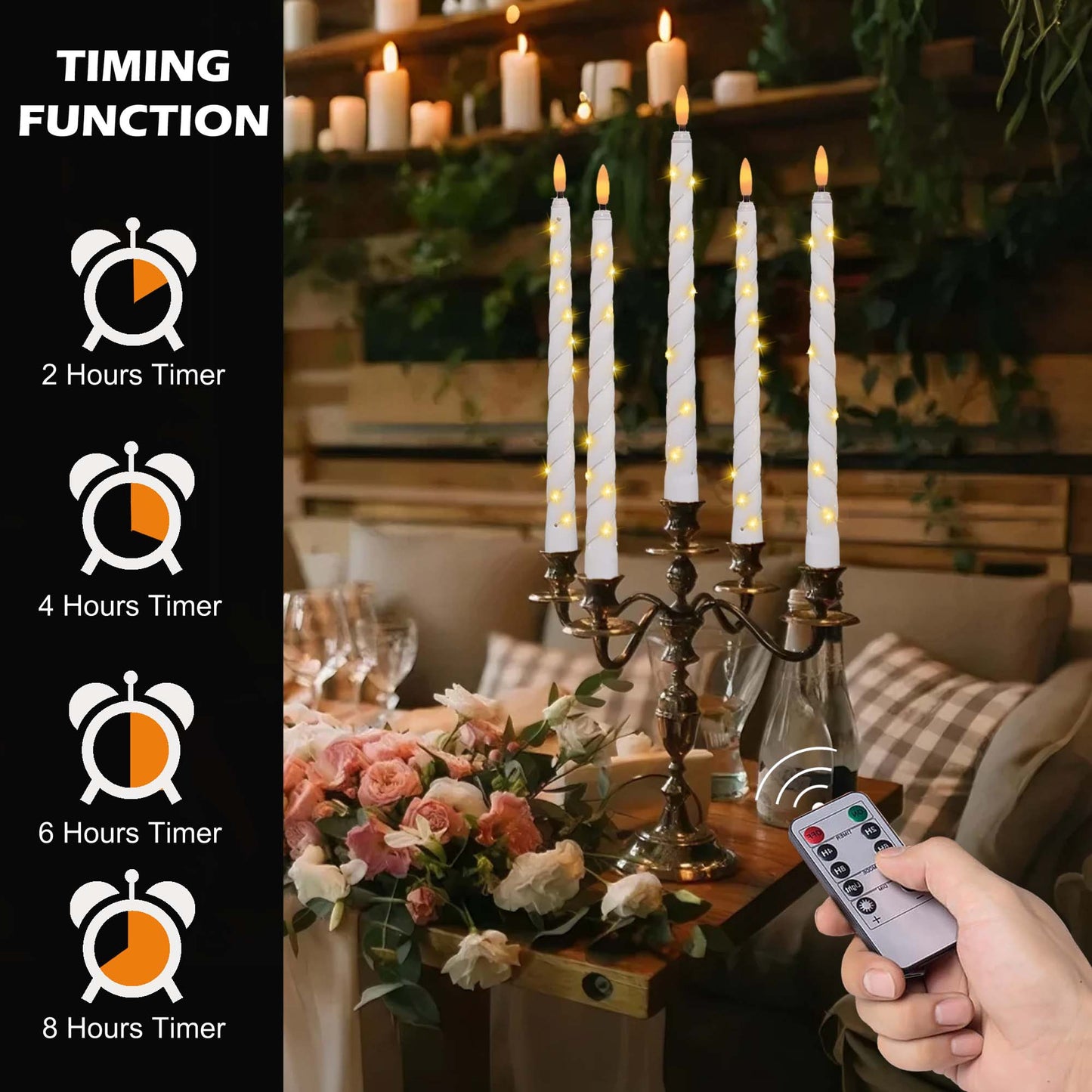 HIDAWN 6Pack Twisted Flameless Taper Candles with Fairy String Lights, Battery Operated Remote Timer 3D Flame Wick Flickering LED Electric Candlesticks Fake Window Candles-White