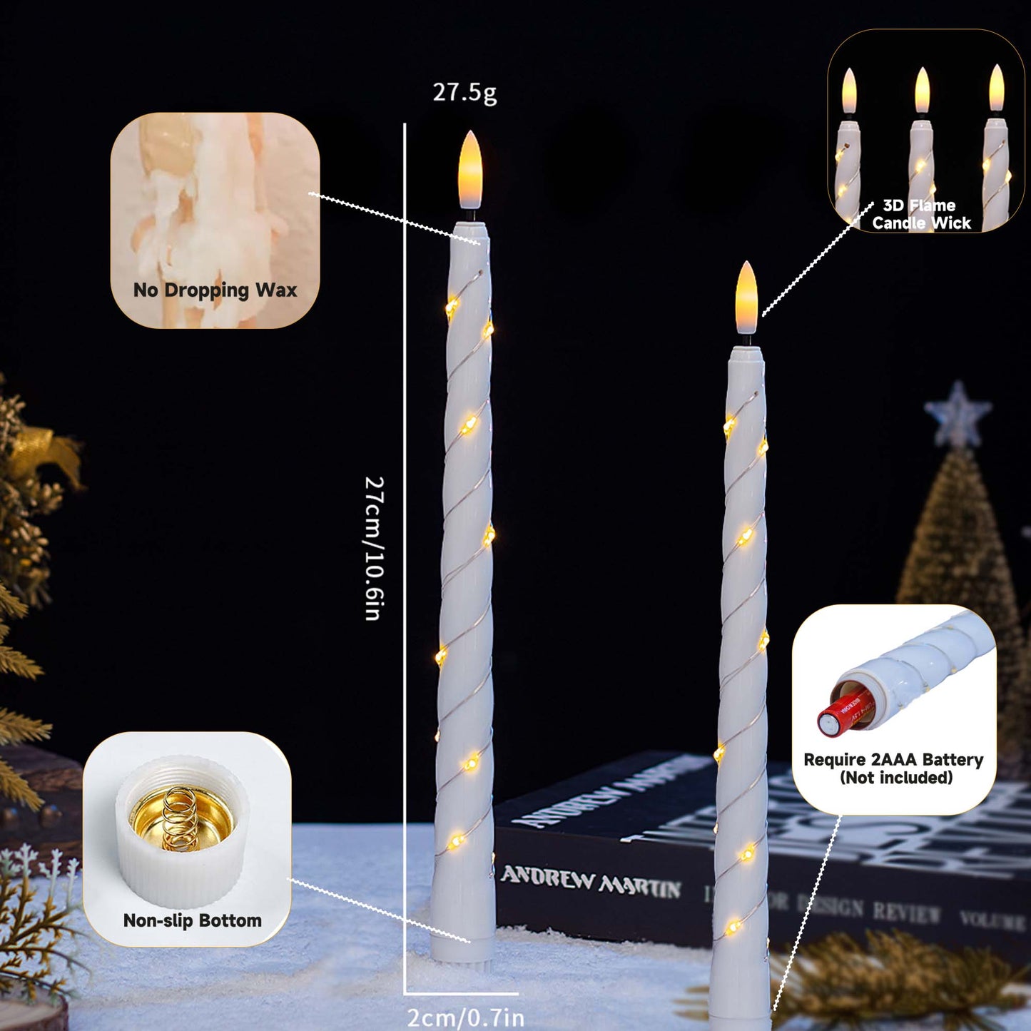 HIDAWN 6Pack Twisted Flameless Taper Candles with Fairy String Lights, Battery Operated Remote Timer 3D Flame Wick Flickering LED Electric Candlesticks Fake Window Candles-White