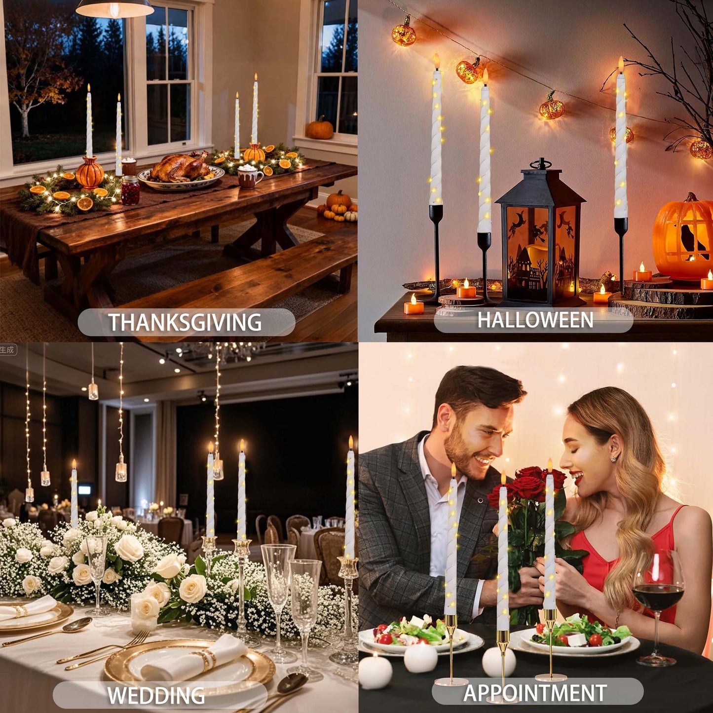 HIDAWN 6Pack Twisted Flameless Taper Candles with Fairy String Lights, Battery Operated Remote Timer 3D Flame Wick Flickering LED Electric Candlesticks Fake Window Candles-White