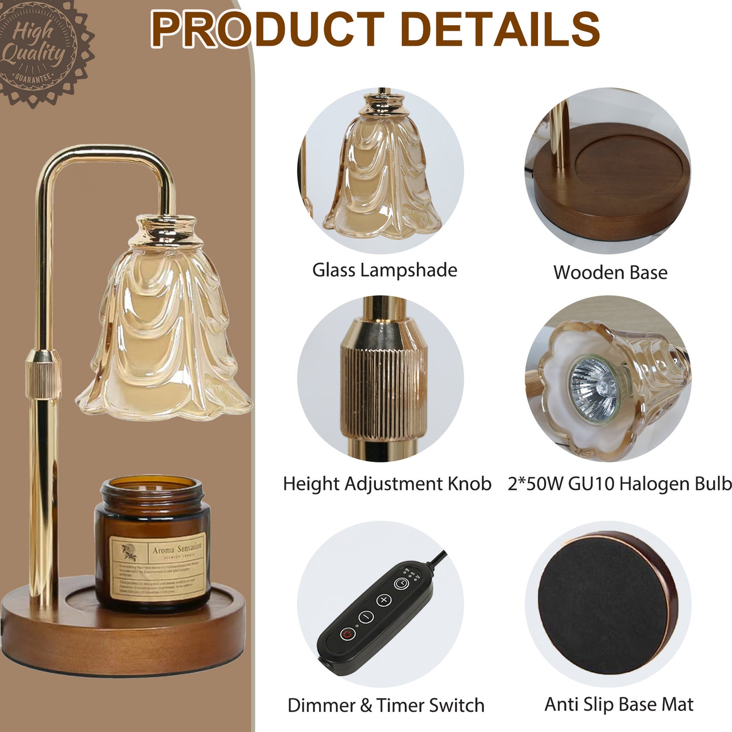 HIDAWN Candle Warmer Lamp with Timer Dimmable,Adjustable Height,Wax Melt Warmer for Jar Candles with 2 Bulbs,Birthday Gifts for Women Mom, House Warming Gifts New Home Decor(Candles Not Included)