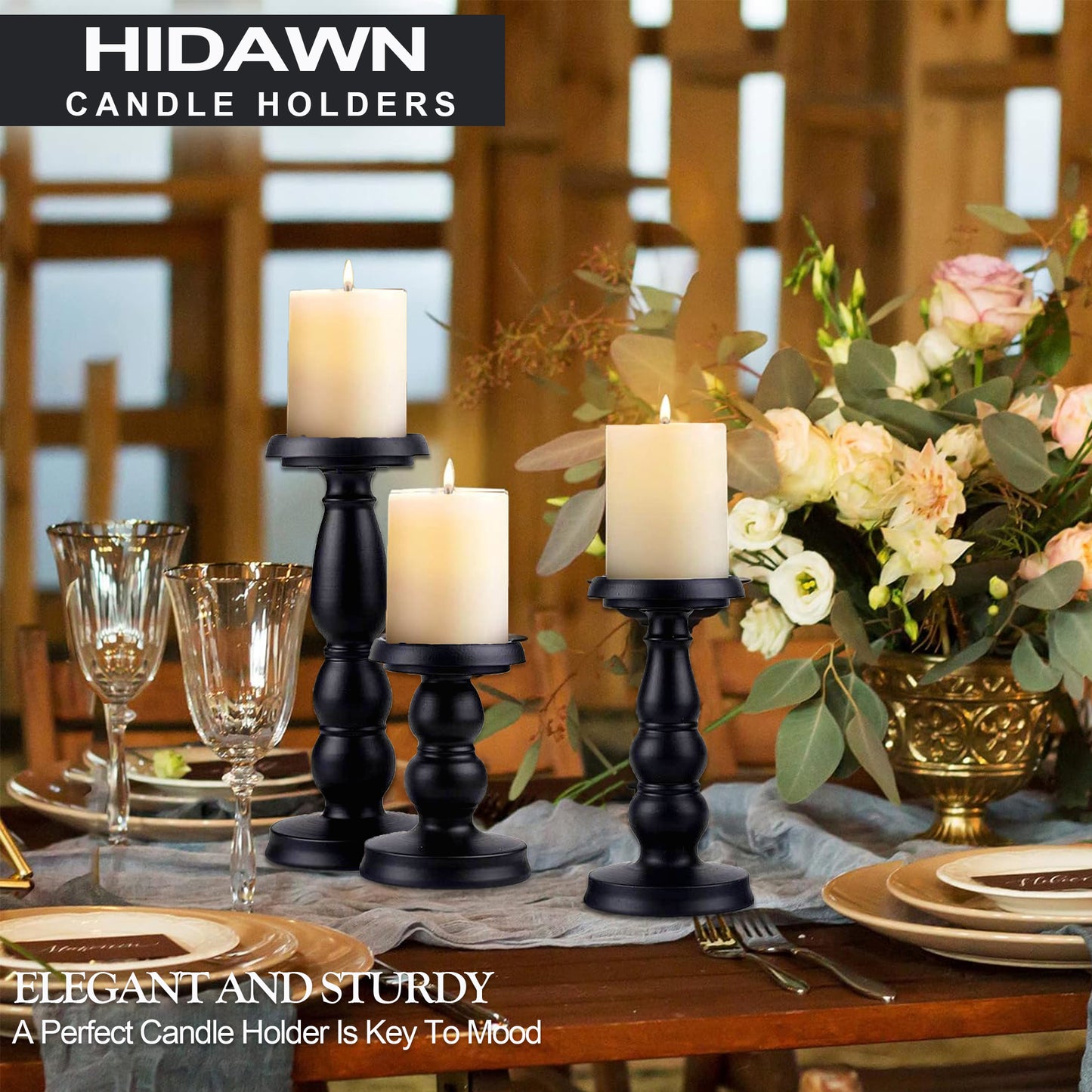 HIDAWN Candle Holder for Pillar Candles, Metal Black Retro Candlestick Holders for Firplace Table Centerpiece Wedding Decoration Set of 3