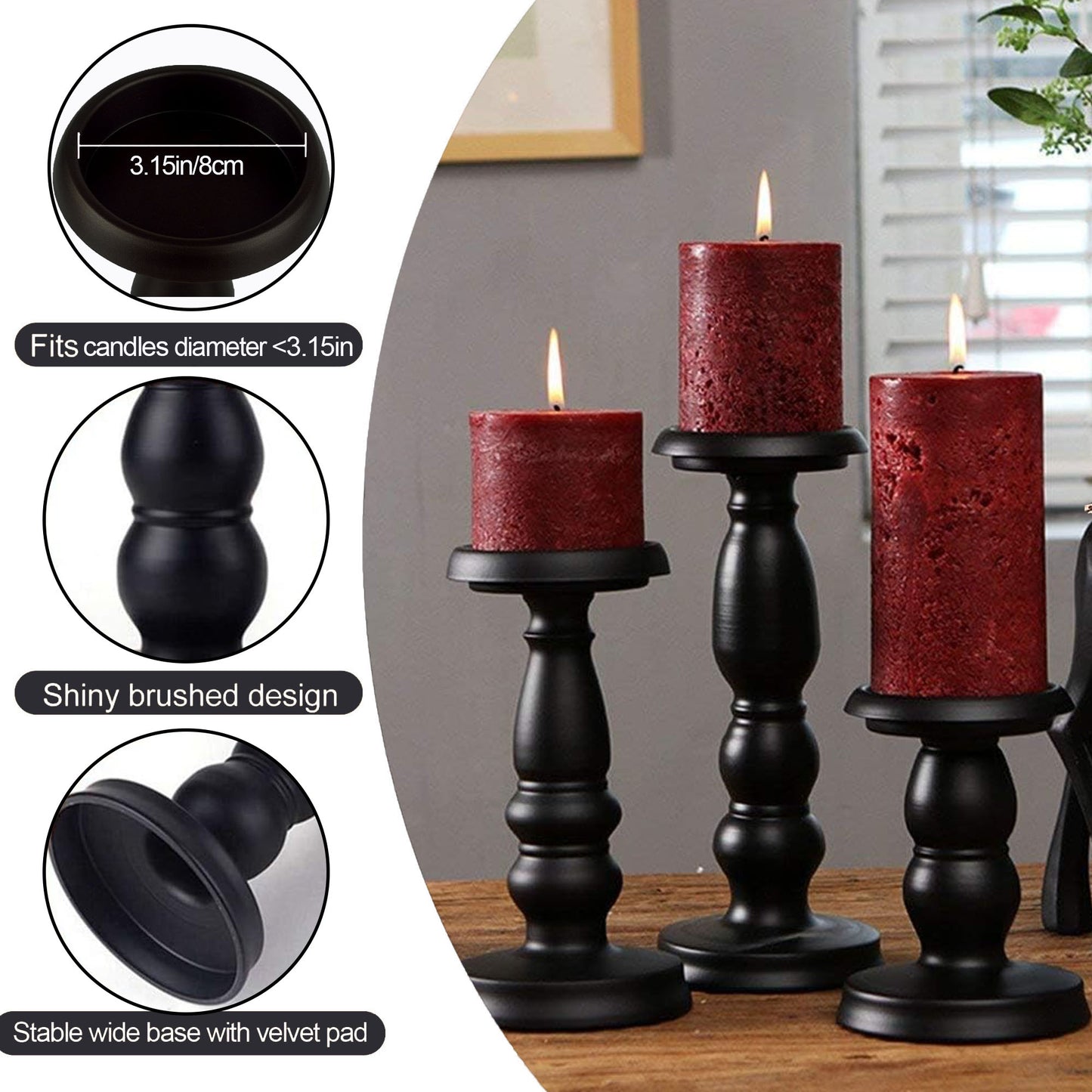 HIDAWN Candle Holder for Pillar Candles, Metal Black Retro Candlestick Holders for Firplace Table Centerpiece Wedding Decoration Set of 3