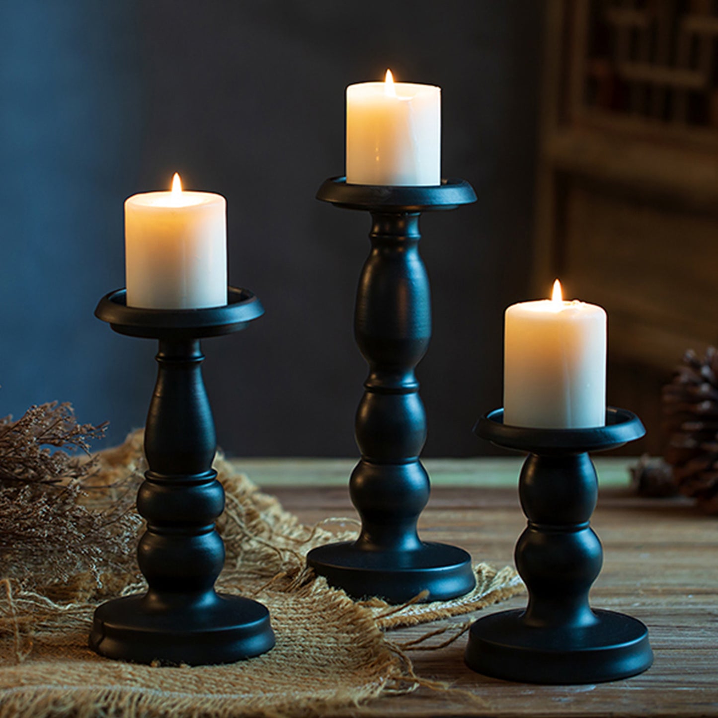HIDAWN Candle Holder for Pillar Candles, Metal Black Retro Candlestick Holders for Firplace Table Centerpiece Wedding Decoration Set of 3