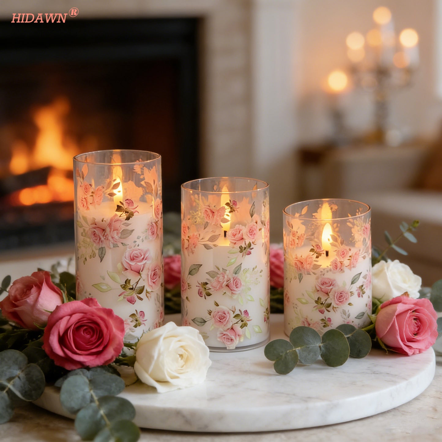 HIDAWN Flameless Candles Flickering with Remote,4''x5''x6'' Pink Rose Decal Acrylic Electric Fake Candles,3D Wick Battery Operated LED Pillar Candle