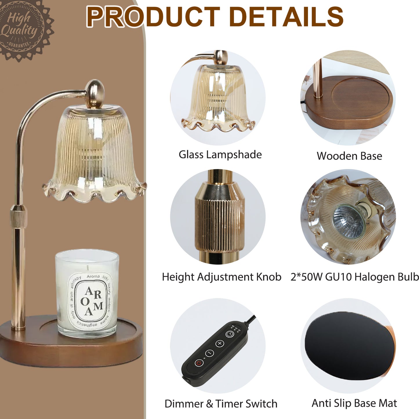HIDAWN Candle Warmer Lamp with Timer Dimmable,Adjustable Height,Wax Melt Warmer for Jar Candles with 2 Bulbs,Birthday Gifts for Women Mom, House Warming Gifts New Home Decor(Candles Not Included)