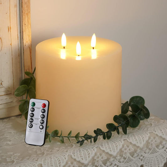 HIDAWN 3 Wick Extra Large Flameless Candles, 6"x6" Flat Battery Operated Candles with Remote, Led Candle with 3D Flickering Flame, Fake Candles for Home Decor (Ivory)