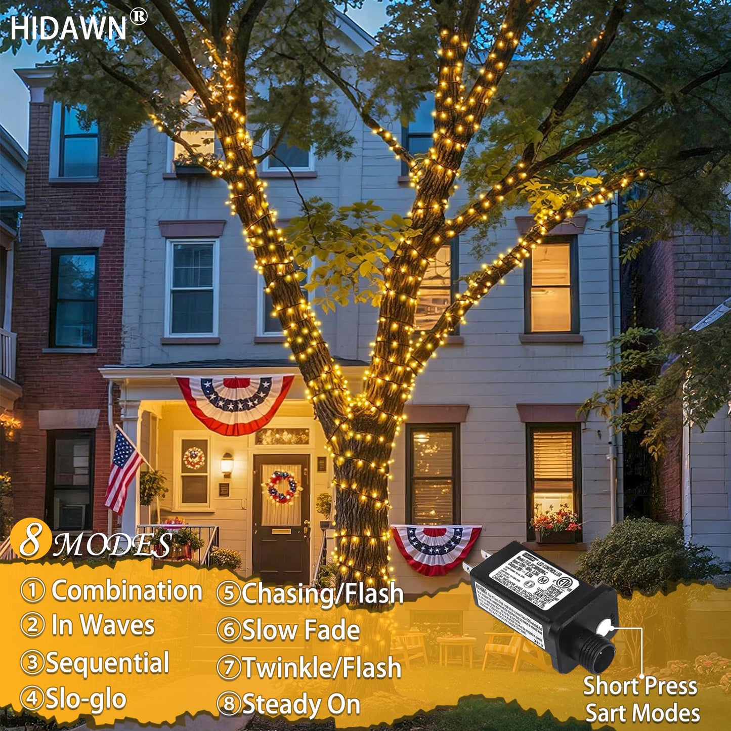 HIDAWN Christmas String Lights Indoor Outdoor, 200 LED 75.5FT Connectable Waterproof, 8 Modes with Memory Function,Twinkle Wedding Fairy Lights Plug in Clear Wire, Warm White