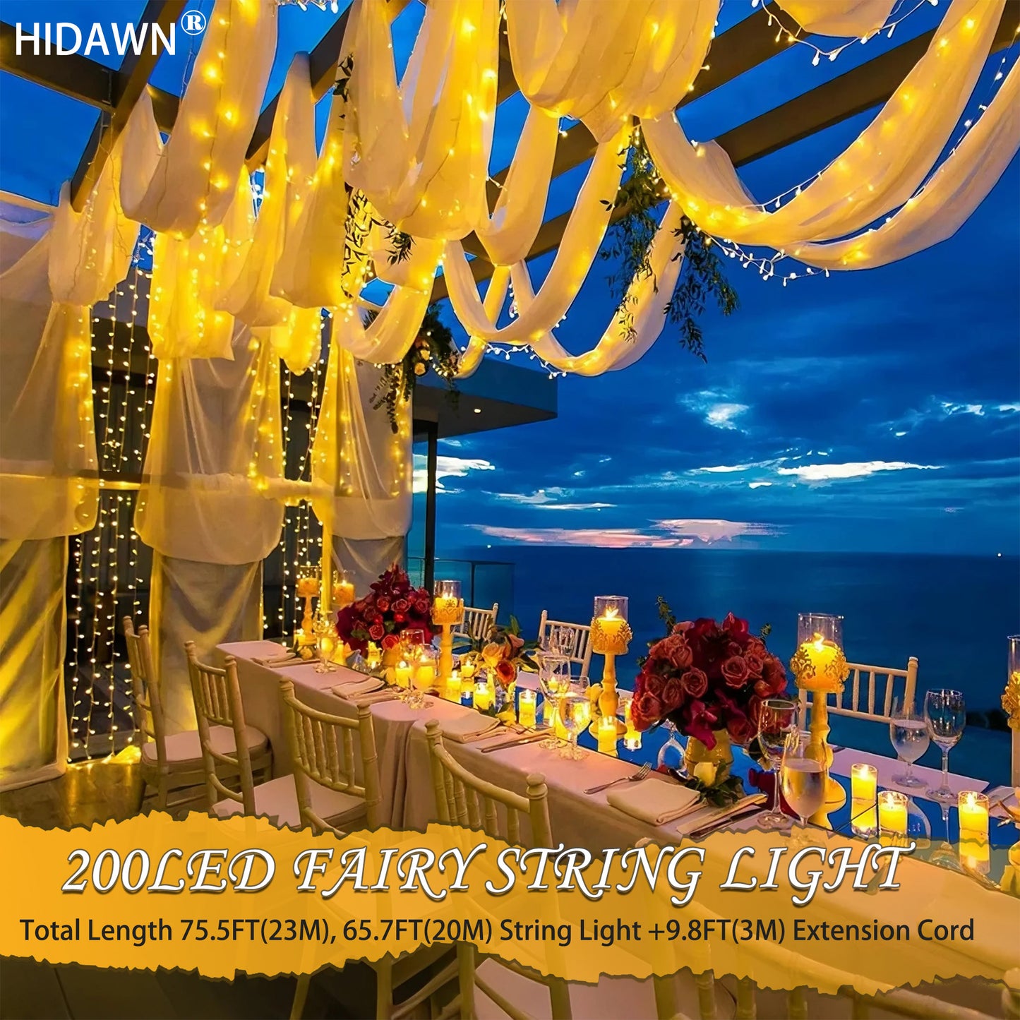 HIDAWN Christmas String Lights Indoor Outdoor, 200 LED 75.5FT Connectable Waterproof, 8 Modes with Memory Function,Twinkle Wedding Fairy Lights Plug in Clear Wire, Warm White