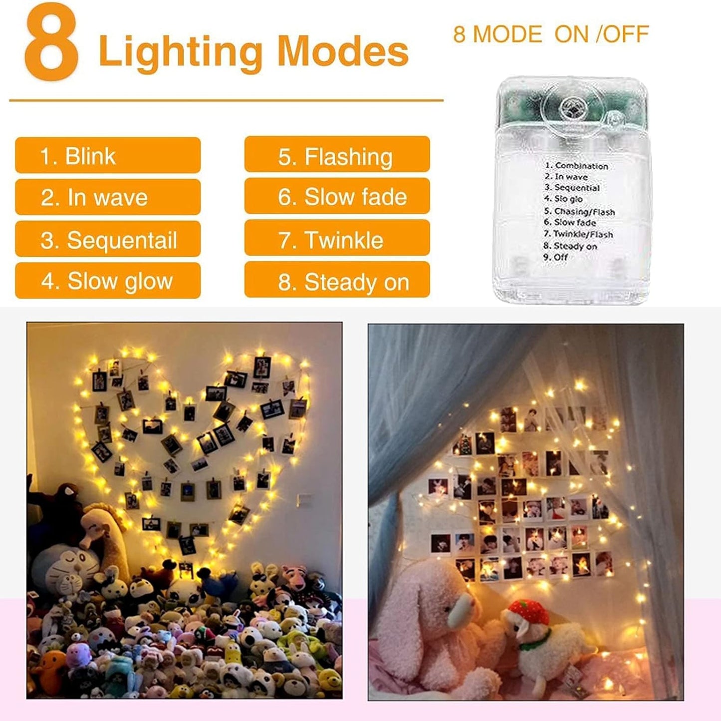 HIDAWN Photo Clip String Lights with Romote Control,100LED 33FT 50 Clear Clips Fairy String Lights USB&Battery Operated for Hanging Pictures