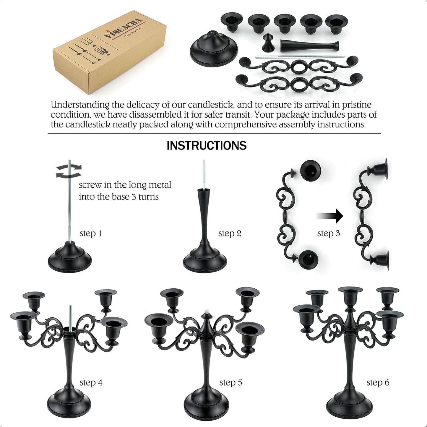 Metal Candle Holder，5 Arms Pure Black Candle Holders for Pillar Candles（10.6 inch Tall Candlestick Holders, for 1/2-1 inch Taper Candles Diameter Each）,Candelabra Decoration