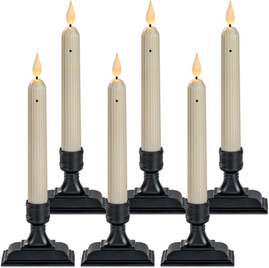 HIDAWN Battery Operated LED Window Candles,Ivory Flameless Taper Candles with Dusk-to-Dawn Sensor and Black Holders-Set of 6