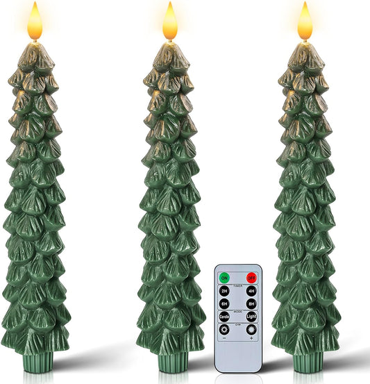 HIDAWN Christmas Tree Candles with Remote,Flameless Taper Candles Flickering, Green LED Candlesticks Battery Operated for New Year Celebration Holiday Decorations