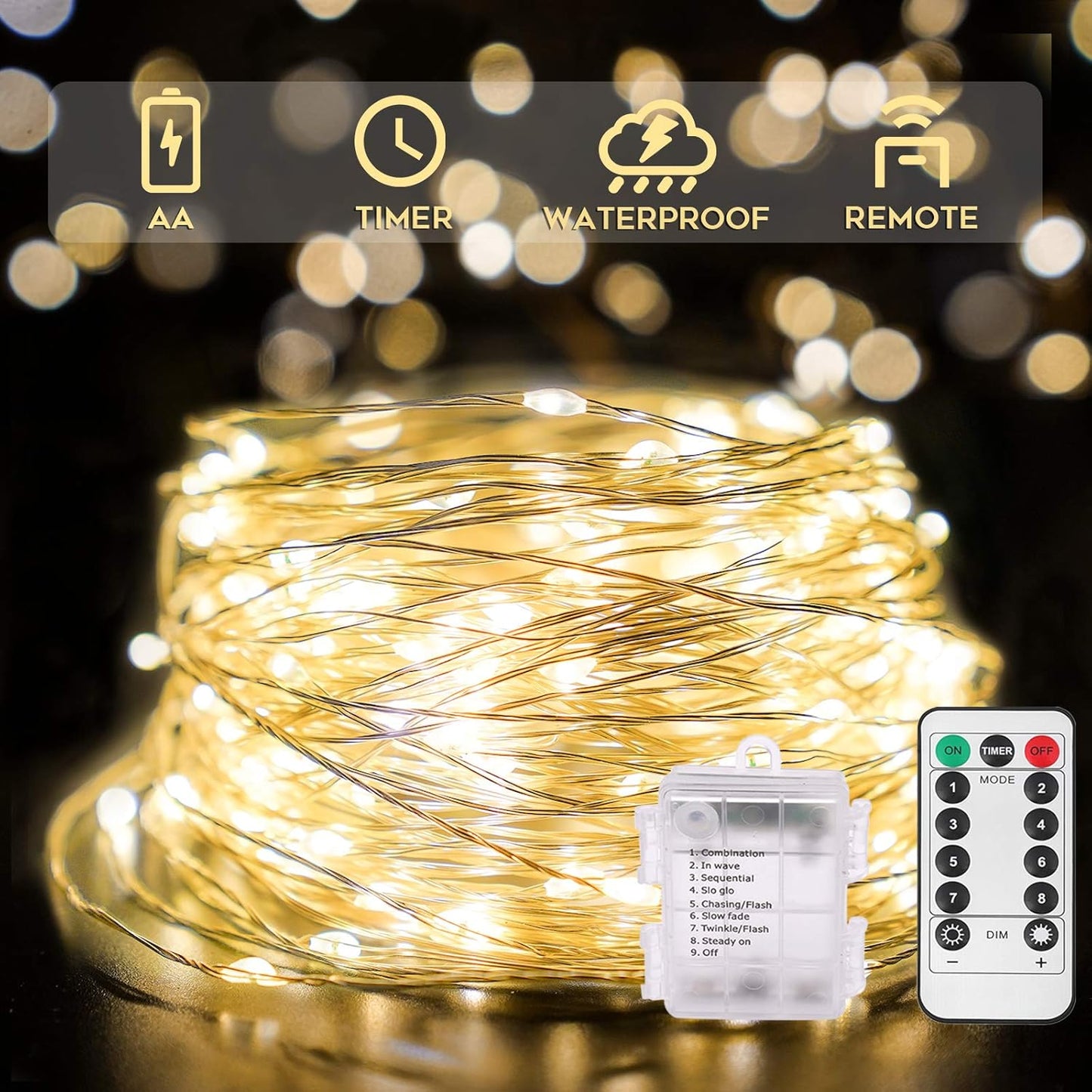 HIDAWN Outdoor Fairy Lights, Timer Battery Operated Twinkle Lights with Remote [2 Pack], Christmas Outdoor String Lights Battery Operated, White Warm Outdoor Twinkle Lights Waterproof