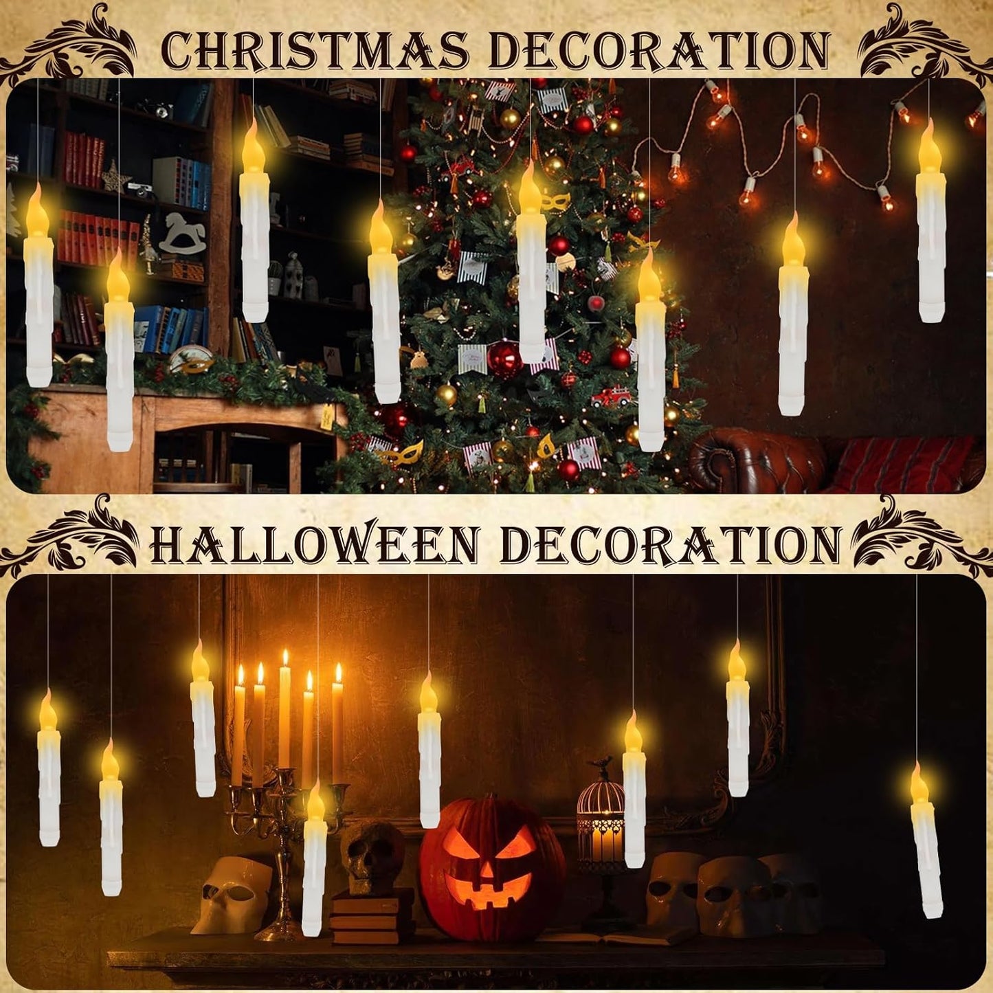 HIDAWN Hanging Floating Candles, NO Remote, Flameless Taper Candles Battery Operated, 6.5" Warm Yellow Flickering Flame Candlesticks, Dripless LED Handheld Candles Lights for Halloween Xmas