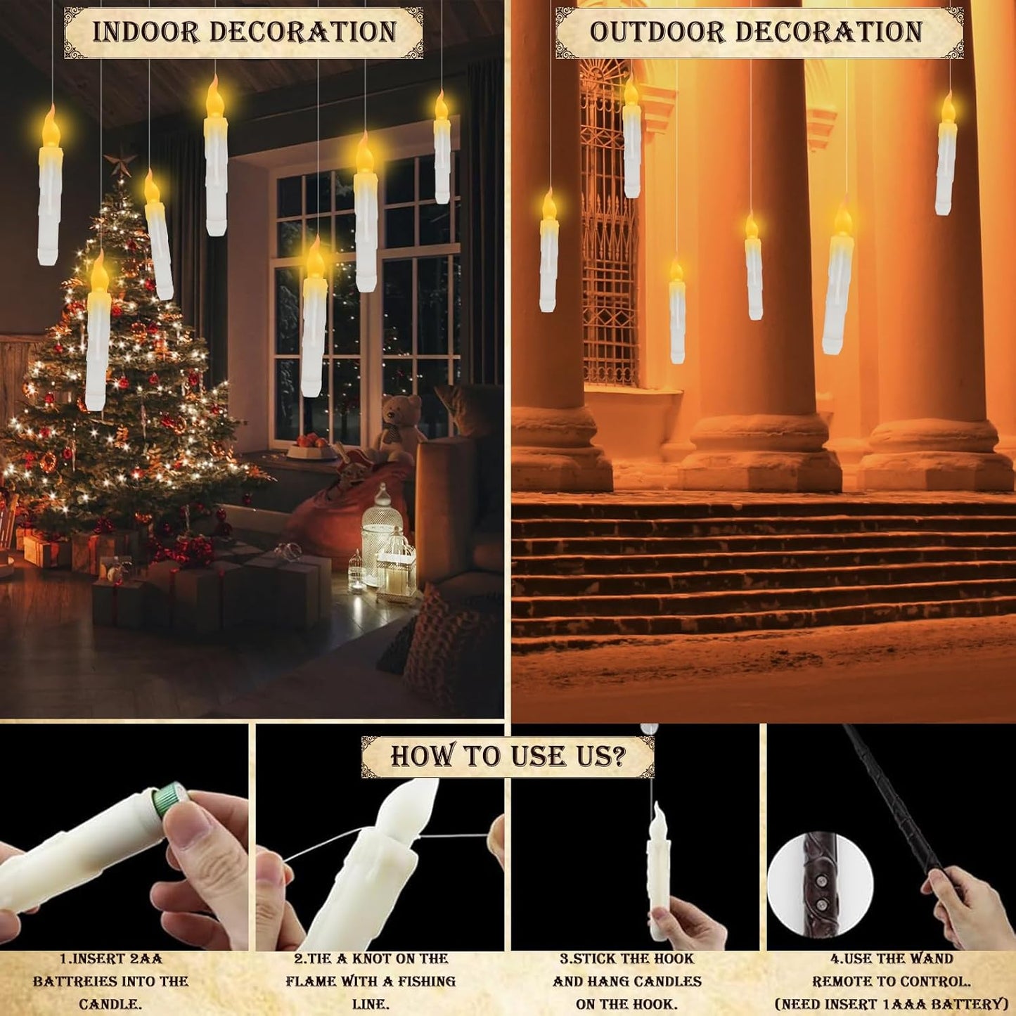 HIDAWN Hanging Floating Candles, NO Remote, Flameless Taper Candles Battery Operated, 6.5" Warm Yellow Flickering Flame Candlesticks, Dripless LED Handheld Candles Lights for Halloween Xmas