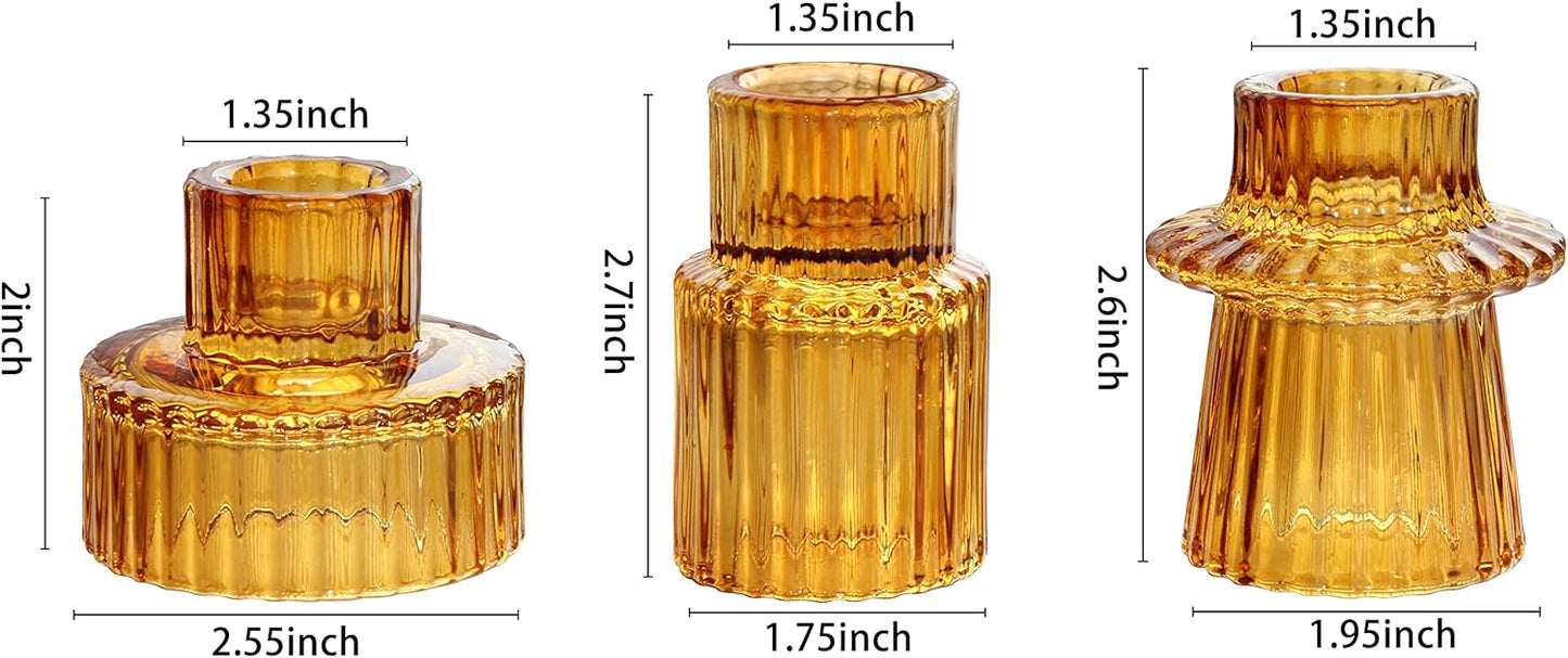 HIDAWN Taper Glass Candlestick Holders Tealight Candle Holders for Table Centerpieces, Wedding Decor and Dinner Party (3 Pcs, Amber)