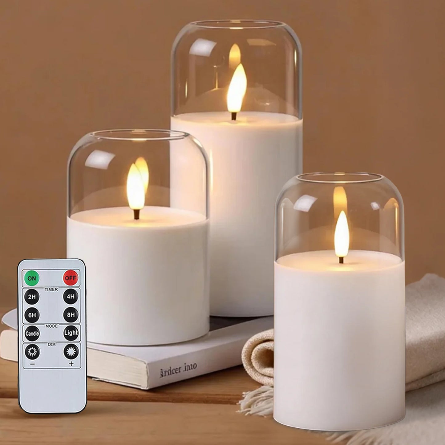 HIDAWN Flameless Candles with Remote and Timer,Flickering Battery Operated LED Pillar Candle,3D Wick Acrylic Electric Fake Candles-Clear Arc 4''x5''x6''