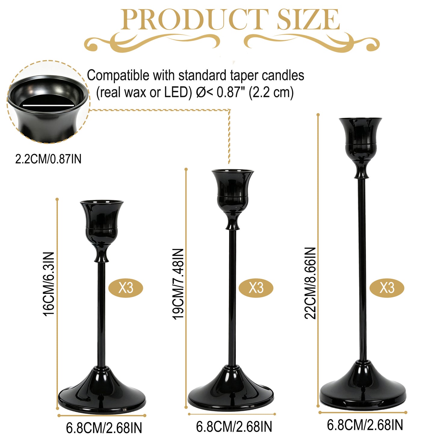 HIDAWN Black Candlestick Holders Set of 9, Metal Taper Candle Holders, Home Decor Holder Set for Table, Mantel, Room Decorations Housewarming Gift ﻿ ﻿