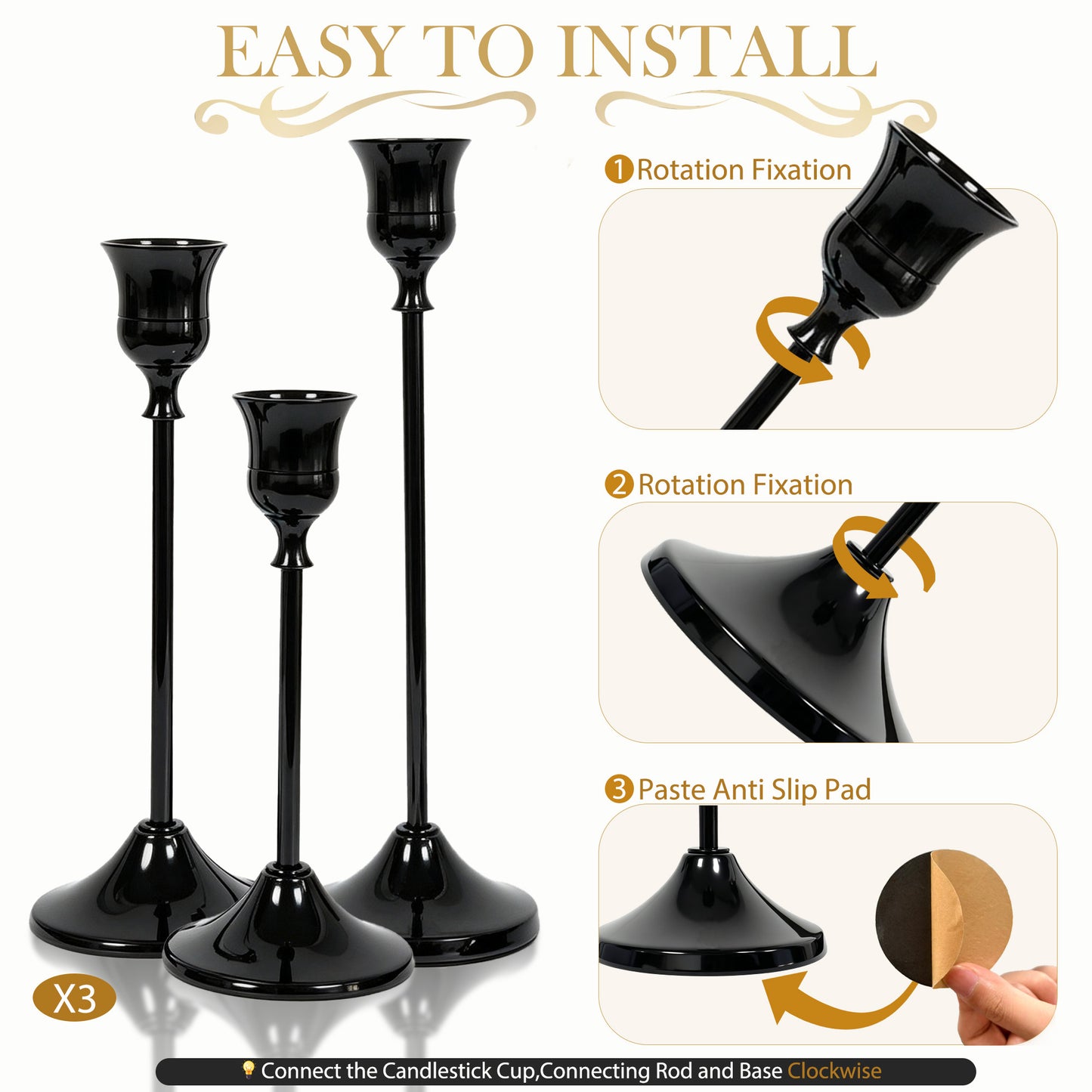 HIDAWN Black Candlestick Holders Set of 9, Metal Taper Candle Holders, Home Decor Holder Set for Table, Mantel, Room Decorations Housewarming Gift ﻿ ﻿