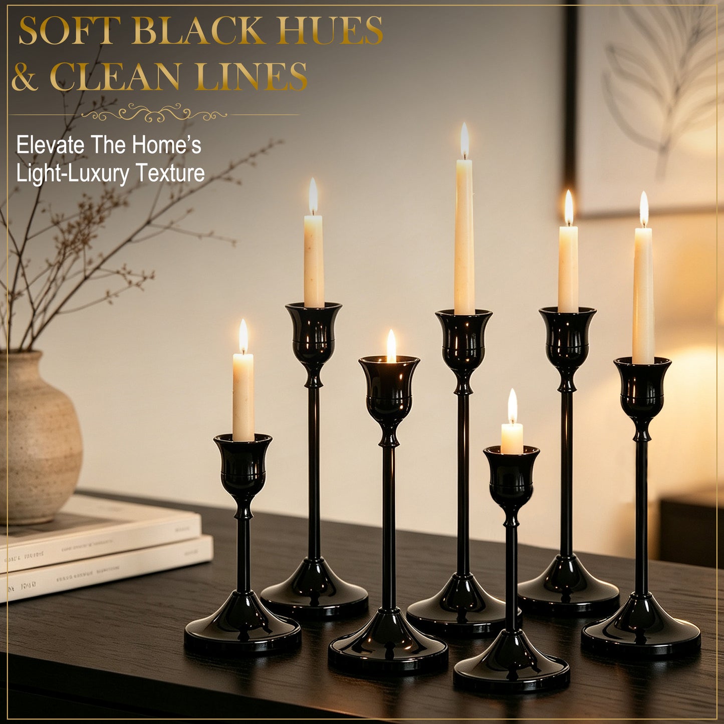 HIDAWN Black Candlestick Holders Set of 9, Metal Taper Candle Holders, Home Decor Holder Set for Table, Mantel, Room Decorations Housewarming Gift ﻿ ﻿