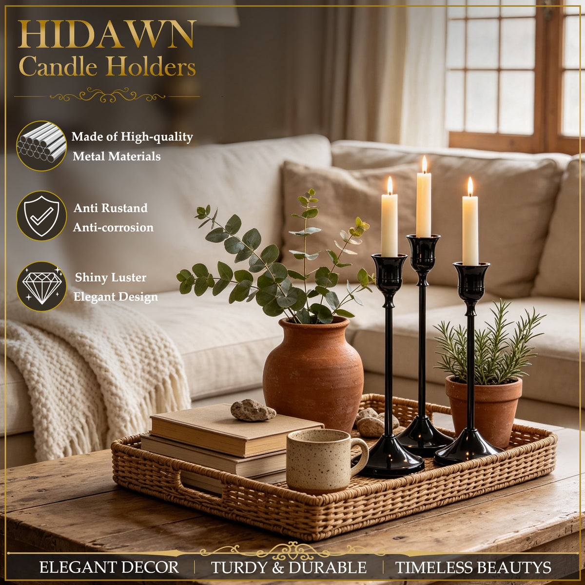 HIDAWN Black Candlestick Holders Set of 9, Metal Taper Candle Holders, Home Decor Holder Set for Table, Mantel, Room Decorations Housewarming Gift ﻿ ﻿