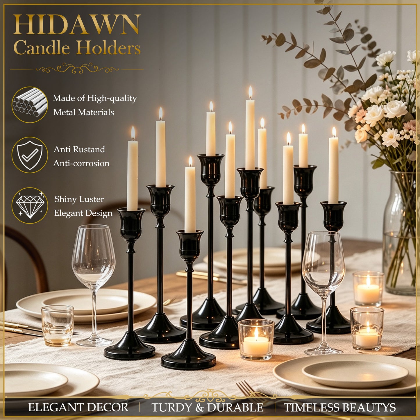 HIDAWN Black Candlestick Holders Set of 9, Metal Taper Candle Holders, Home Decor Holder Set for Table, Mantel, Room Decorations Housewarming Gift ﻿ ﻿