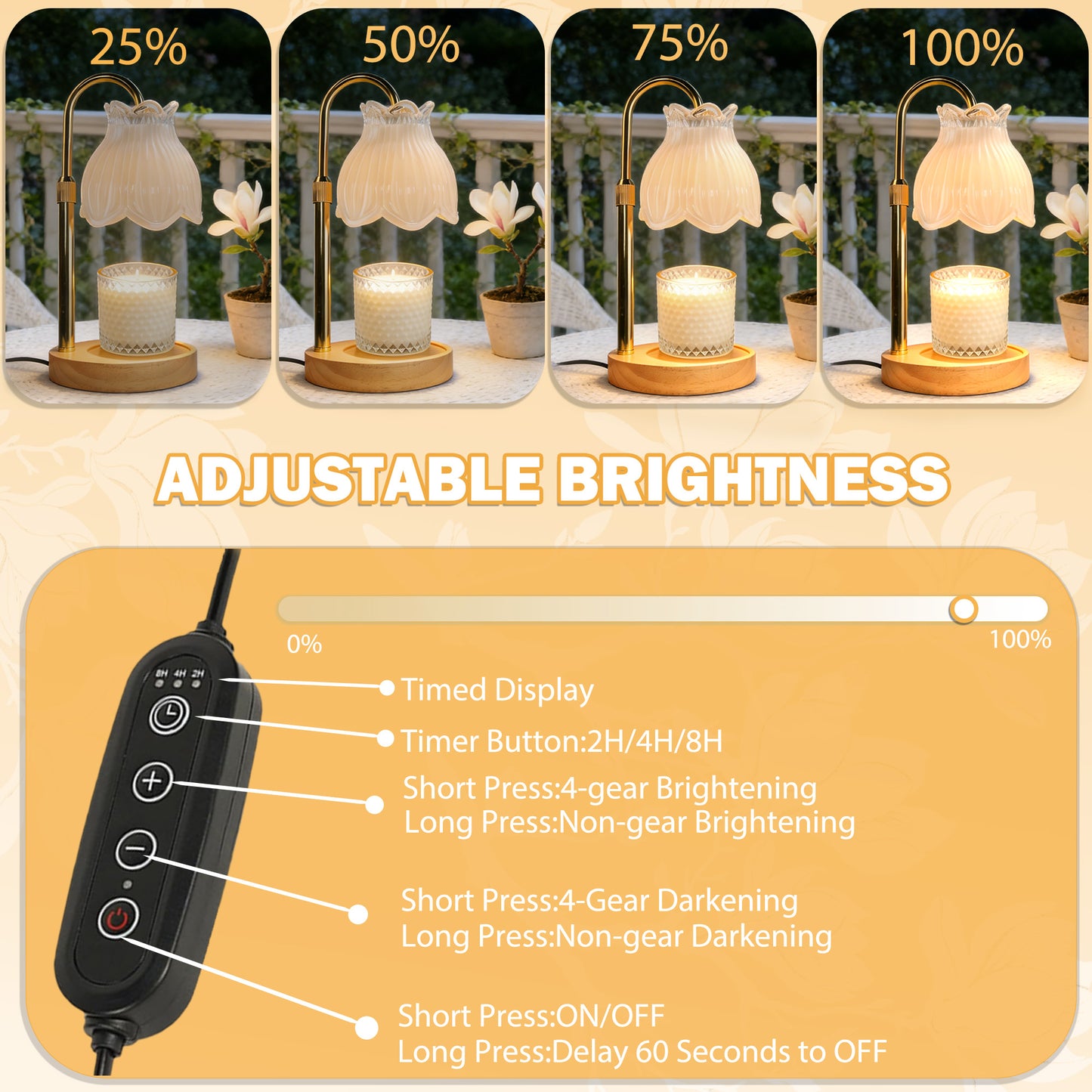 HIDAWN Candle Warmer Lamp with Timer Dimmable,Adjustable Height,Electric Flameless Wax Melter for Jar Candles with 2 Bulbsfor Women Mom, House Warming Gifts New Home Decor-White Magnolia