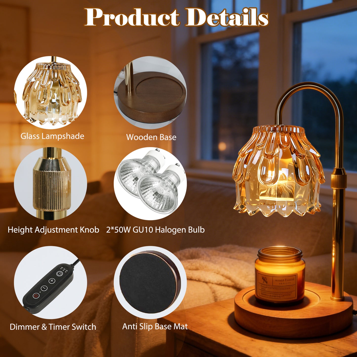 HIDAWN Candle Warmer Lamp with Timer Dimmable,Adjustable Height,Electric Flameless Wax Melter for Jar Candles with 2 Bulbs for Women Mom, House Warming Gifts New Home Decor（Candle Not Included）