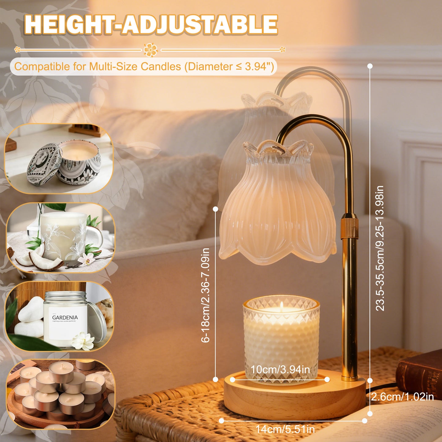 HIDAWN Candle Warmer Lamp with Timer Dimmable,Adjustable Height,Electric Flameless Wax Melter for Jar Candles with 2 Bulbsfor Women Mom, House Warming Gifts New Home Decor-White Magnolia