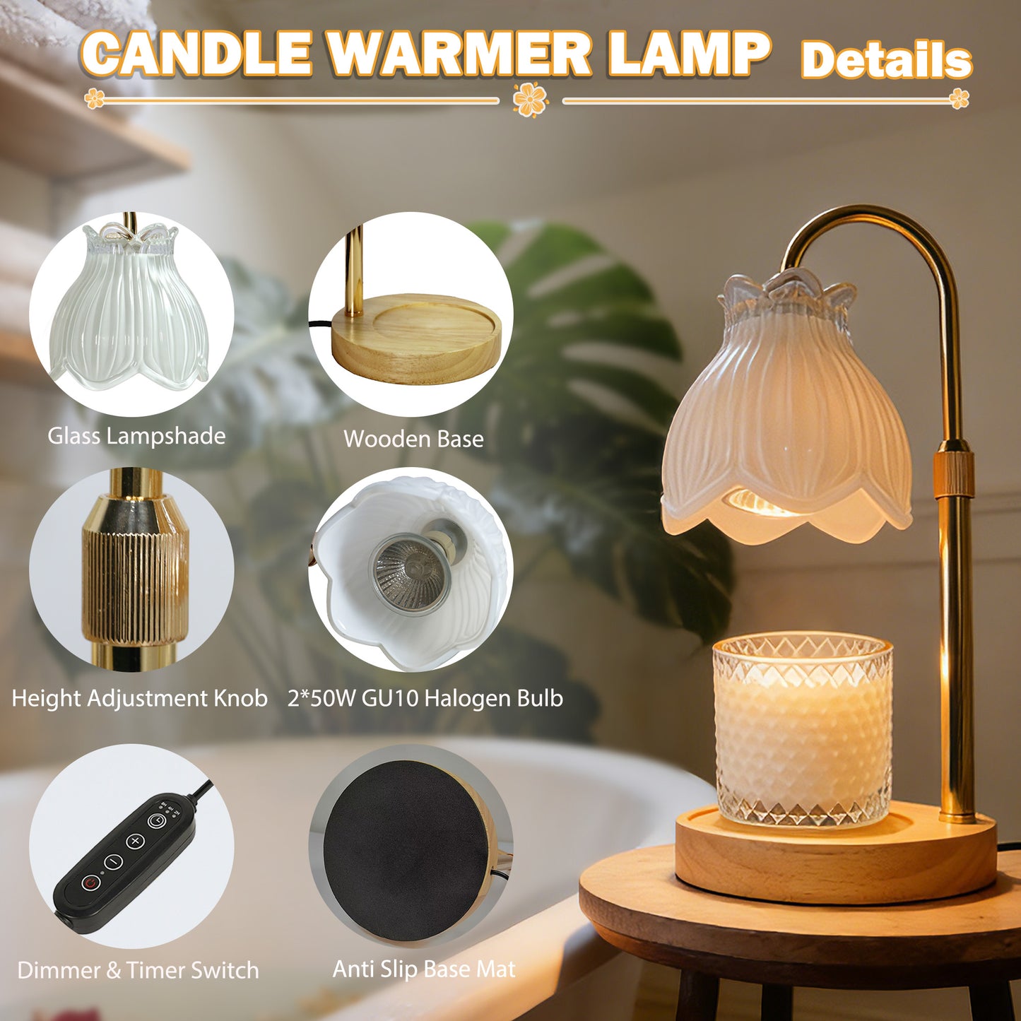 HIDAWN Candle Warmer Lamp with Timer Dimmable,Adjustable Height,Electric Flameless Wax Melter for Jar Candles with 2 Bulbsfor Women Mom, House Warming Gifts New Home Decor-White Magnolia