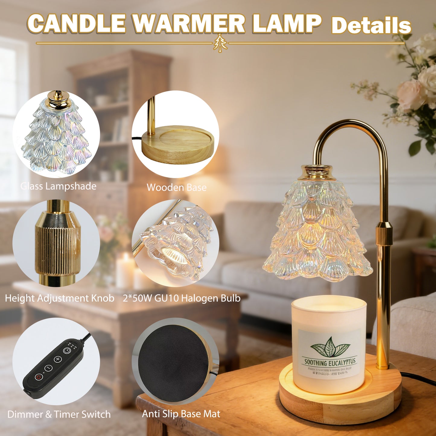HIDAWN Candle Warmer Lamp with Timer Dimmable,Adjustable Height,Electric Flameless Wax Melter for Jar Candles with 2 Bulbs for Women Mom, House Warming Gifts New Home Decor-Colorful Christmas Tree