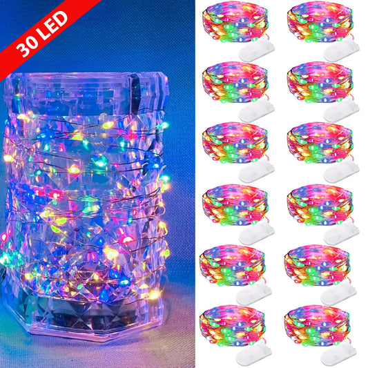 HIDAWN 12 Pack Upgrade Fairy Lights CR2032 Battery Operated,9.84ft 30 LED Waterproof Mini String Lights Copper Wire Firefly Starry Lights-Multicolour