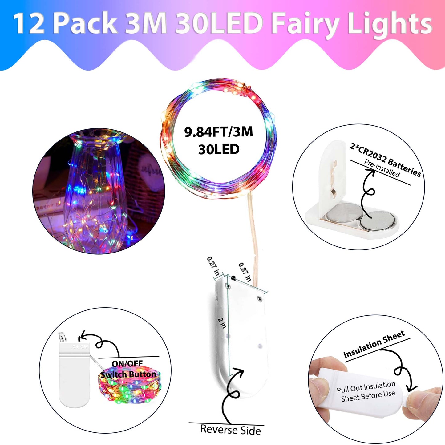 HIDAWN 12 Pack Upgrade Fairy Lights CR2032 Battery Operated,9.84ft 30 LED Waterproof Mini String Lights Copper Wire Firefly Starry Lights-Multicolour