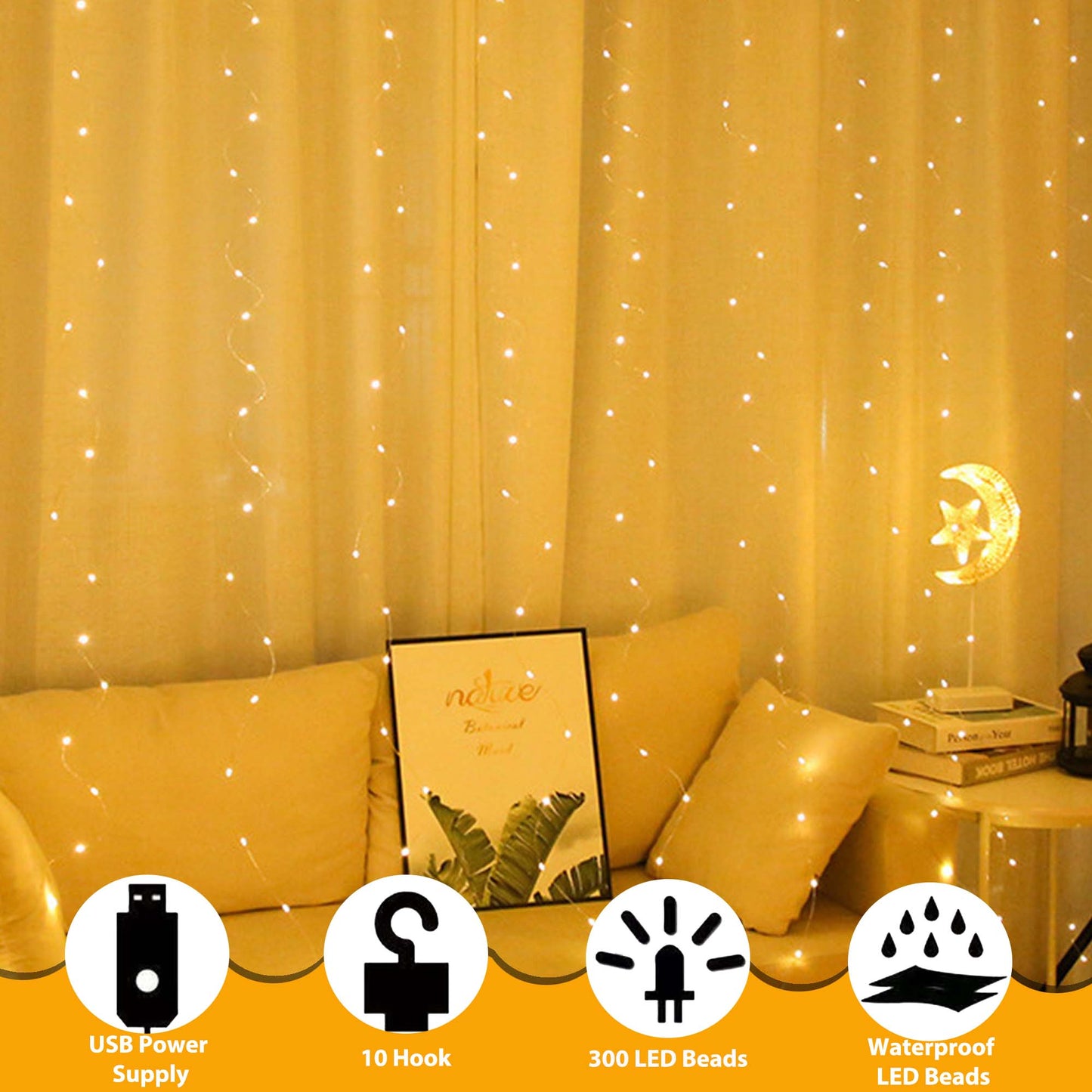 HIDAWN 300 LED Curtain String Lights with Remote,9.8ft x 9.8ft Window Fairy String Light with 10 Hooks,USB Plug in 8 Modes Fairy Hanging Lights Twinkle Lights- Warm White