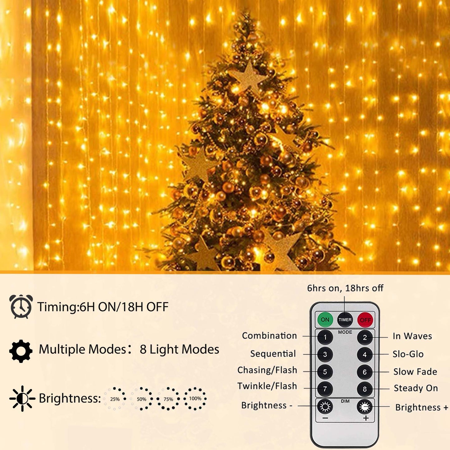 HIDAWN 300 LED Curtain String Lights with Remote,9.8ft x 9.8ft Window Fairy String Light with 10 Hooks,USB Plug in 8 Modes Fairy Hanging Lights Twinkle Lights- Warm White