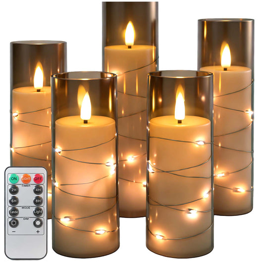 HIDAWN Flameless Pillar Candles with Remote,Embedded Star String Fairy Lights LED Fake Candles,5PC Battery Operated Flicker Electric Candle-Grey(H5"5"6"7"8")