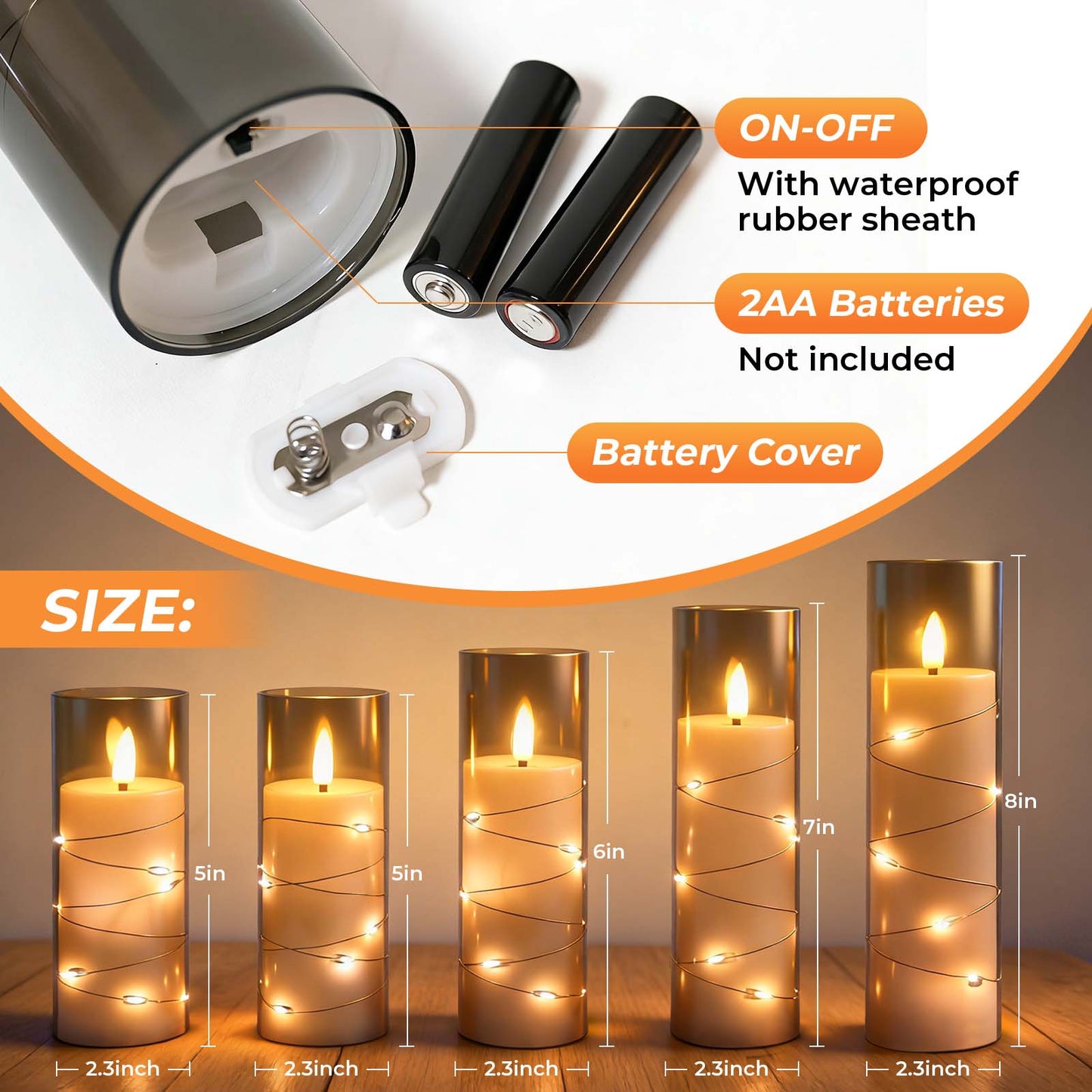 HIDAWN Flameless Pillar Candles with Remote,Embedded Star String Fairy Lights LED Fake Candles,5PC Battery Operated Flicker Electric Candle-Grey(H5"5"6"7"8")