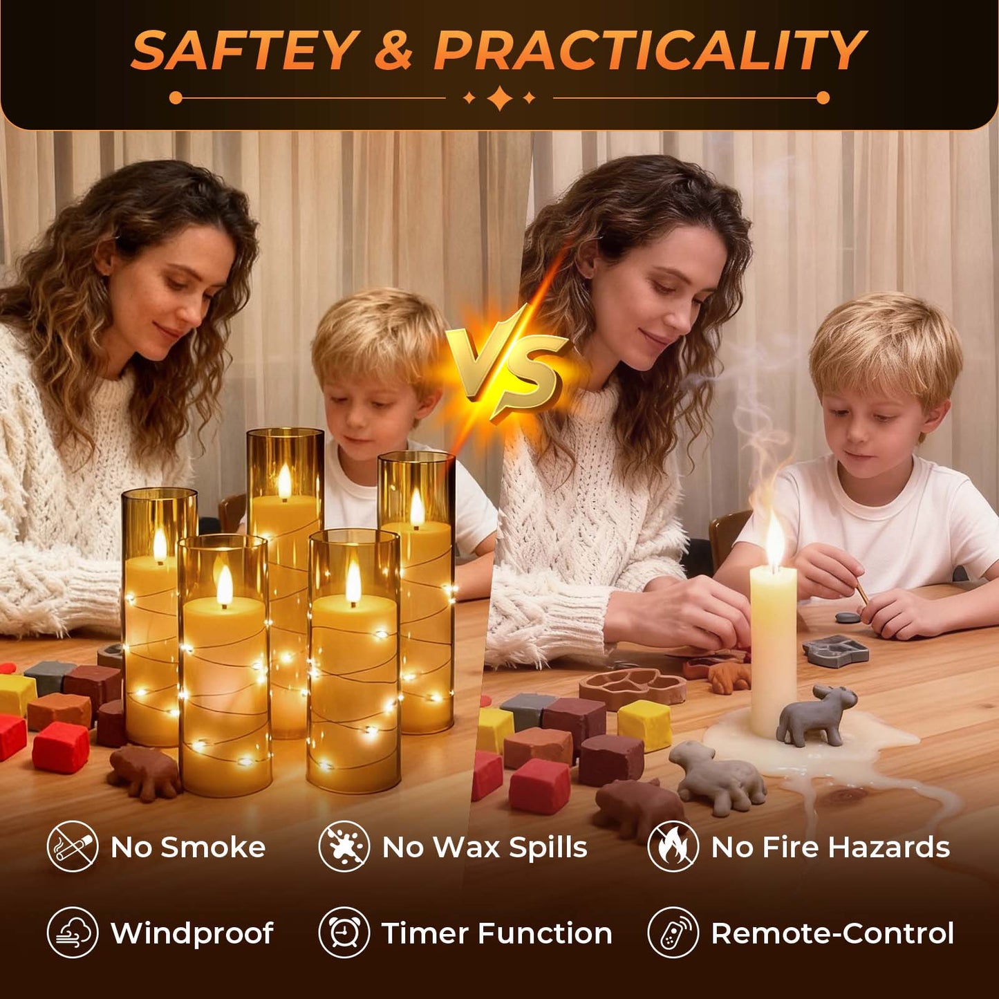 HIDAWN Flameless Pillar Candles with Remote,Embedded Star String Fairy Lights LED Fake Candles,5PC Battery Operated Flicker Electric Candle-Grey(H5"5"6"7"8")